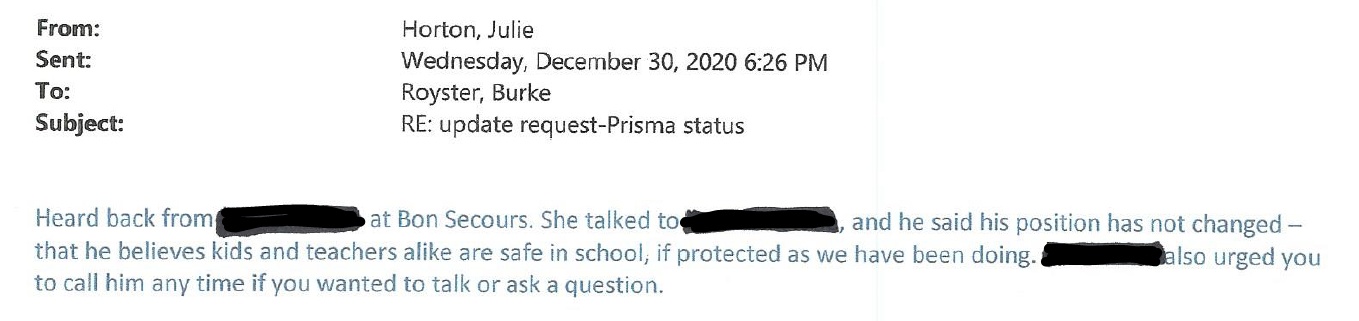 Jan. 9, 2021, Greenville County Schools FOIA response: 10th email (Julie Horton, re: Bon Secours support)